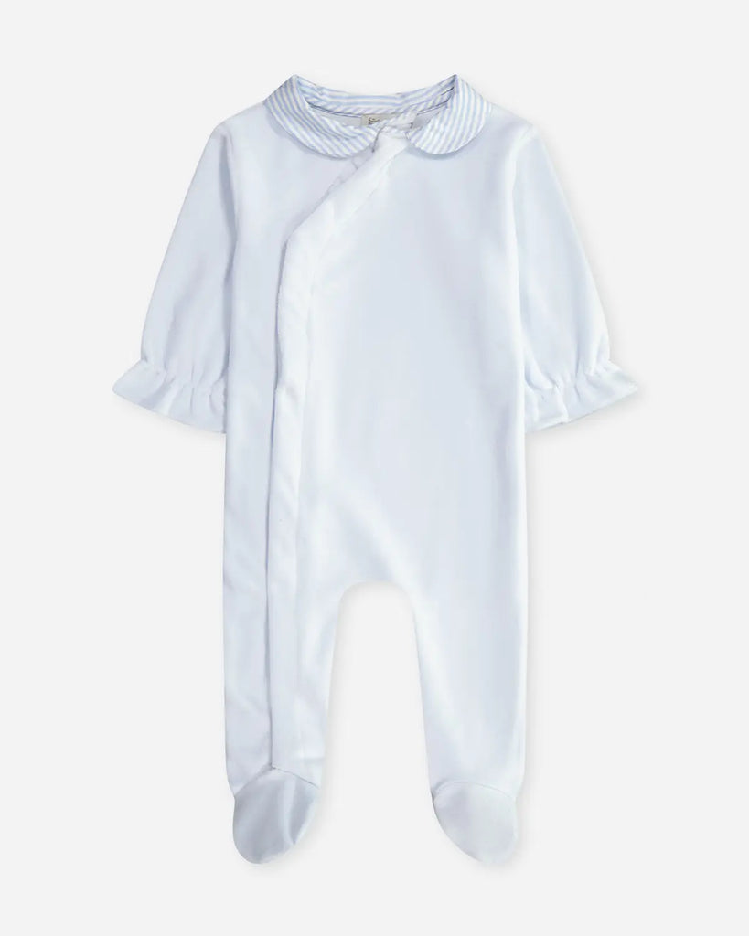 Pyjama bleu ciel à col rayé pour bébé de la marque Bobine Paris.