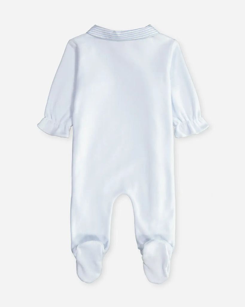 Vue de dos du pyjama bleu ciel à col rayé pour bébé de la marque Bobine Paris.
