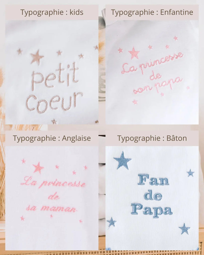 Typographies disponibles pour le pyjama pour bébé en coton blanc à broderie beige "Petit ange" de la marque Bobine Paris.