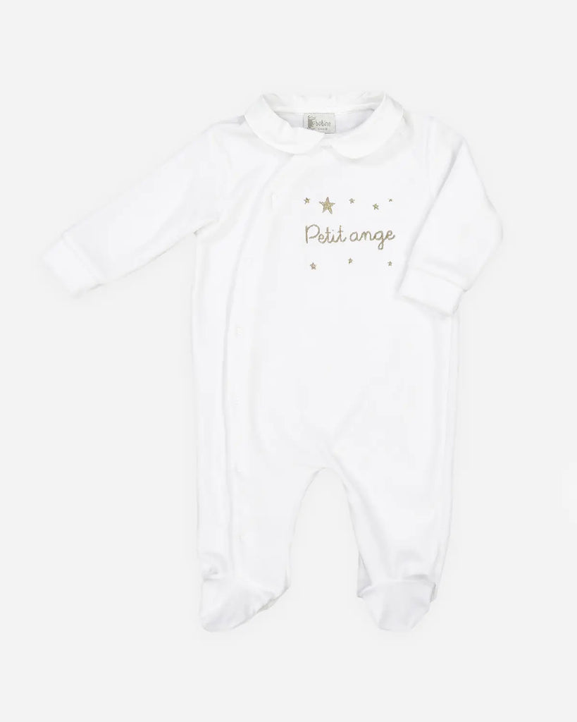 Pyjama pour bébé en coton blanc à broderie beige "Petit ange" de la marque Bobine Paris.