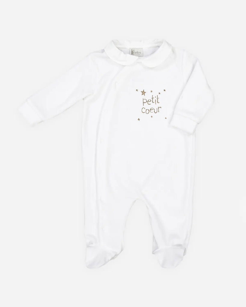 Pyjama pour bébé en coton blanc avec broderie "Petit coeur" de la marque Bobine Paris.