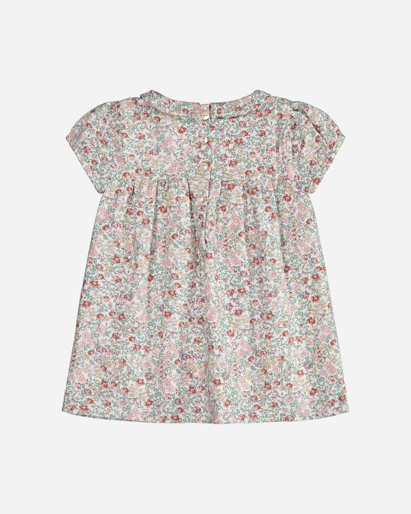 Robe Anna manches courtes fleurie rose et émeraude vue de dos.