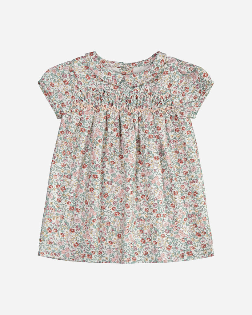 Robe Anna manches courtes fleurie rose et émeraude.