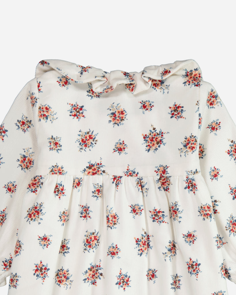 Zoom sur le col de la robe Anna manches longues blanche fleurie jaune vue de dos.