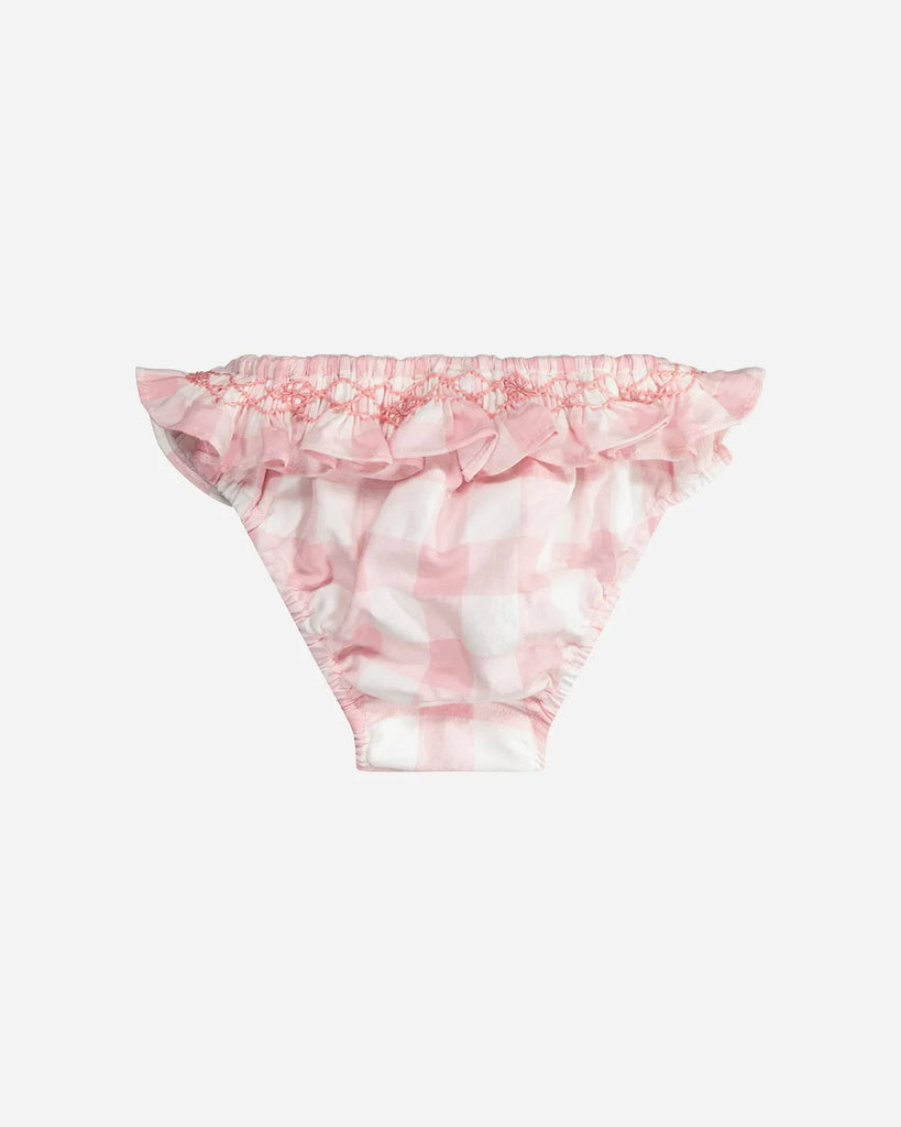 Vue de dos de la culotte de bain pour bébé fille à motif vichy rose de la marque Bobine Paris.