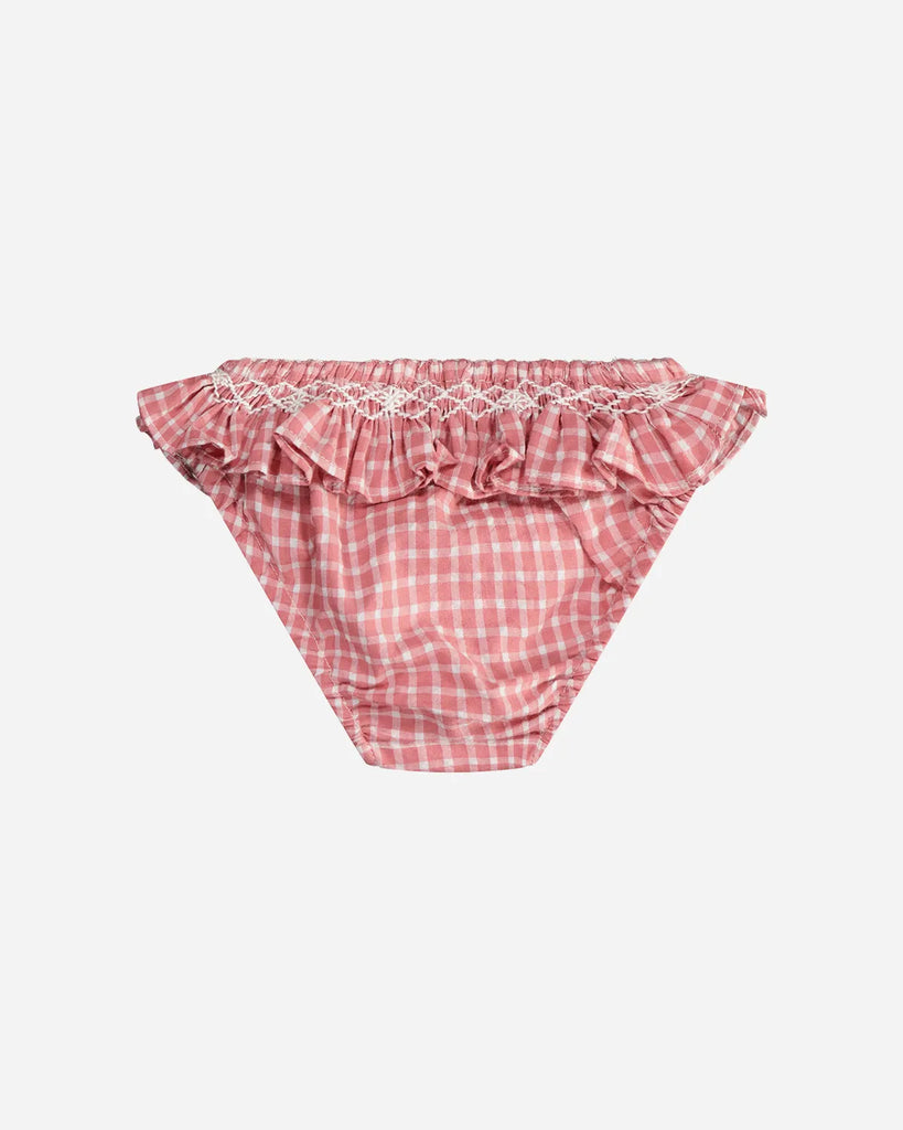 Vue de dos de la culotte de bain pour bébé fille à volants et imprimé vichy vieux rose de la marque Bobine Paris.