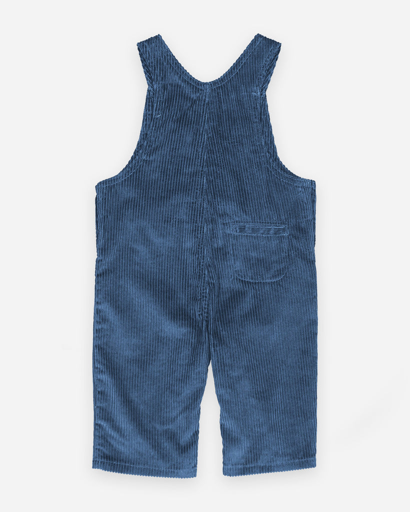 Vue de dos de la salopette bleue velours avec une poche arrière à droite.