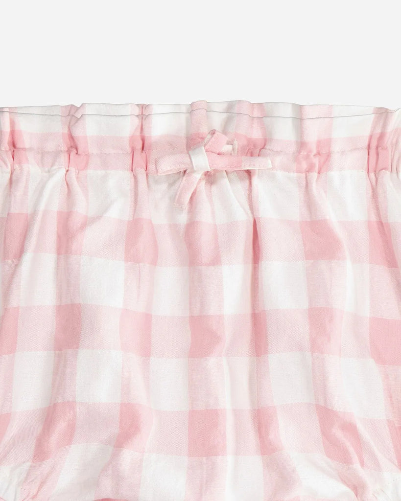 Zoom du bloomer à imprimé vichy rose pour bébé fille de la marque Bobine Paris.