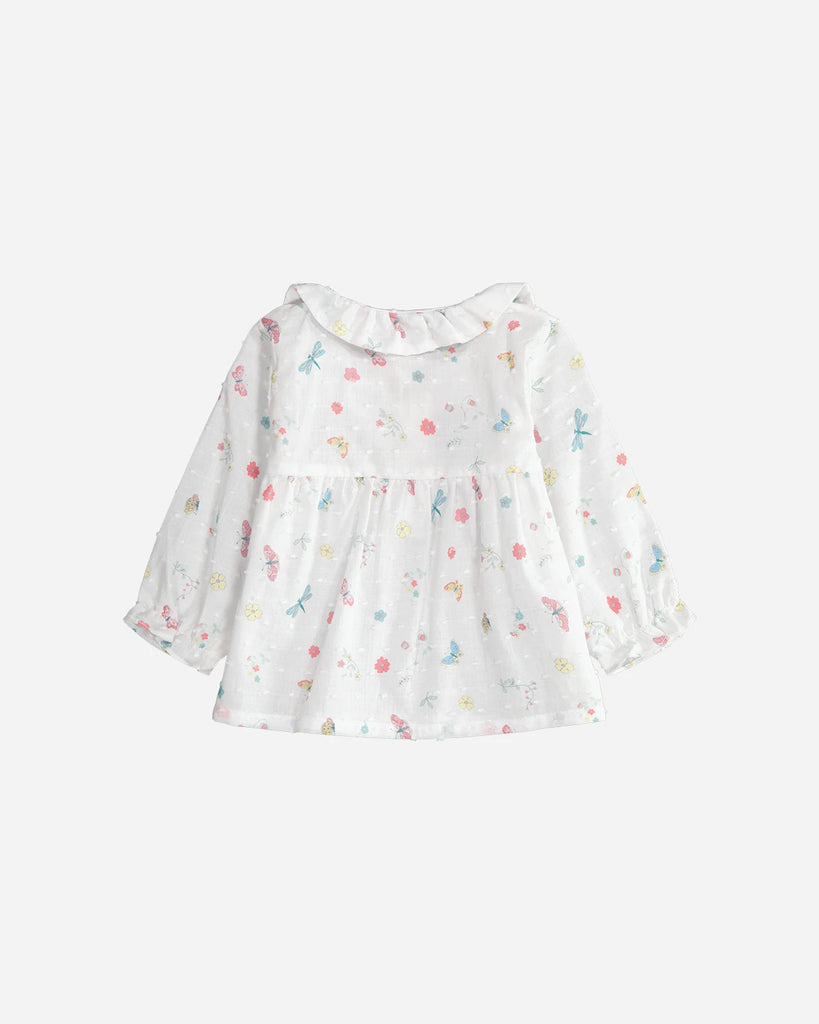 Vue de dos de la blouse manches longues en coton Oeko-Tex pour bébé fille à motif floral de la marque Bobine Paris.