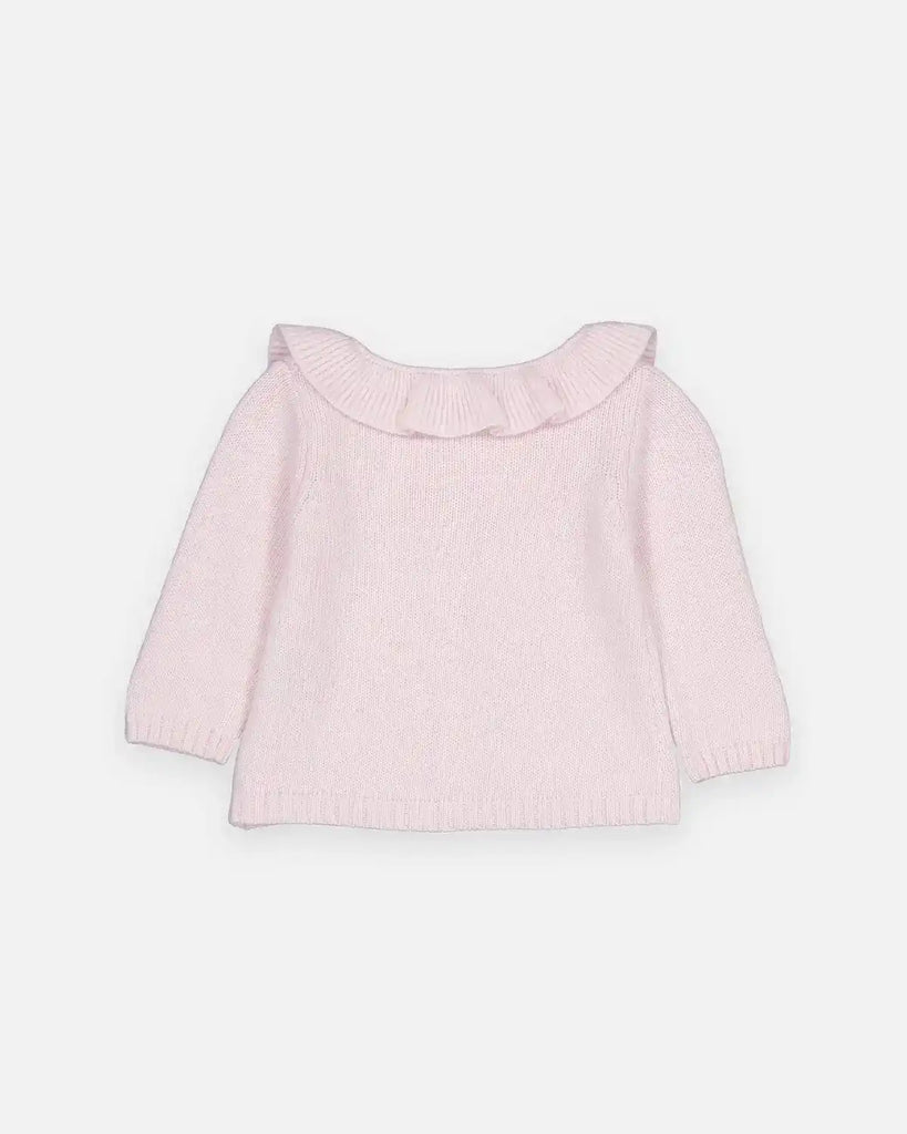 Vue de dos du cardigan pour bébé fille à col volanté rose blush de la marque Bobine Paris.