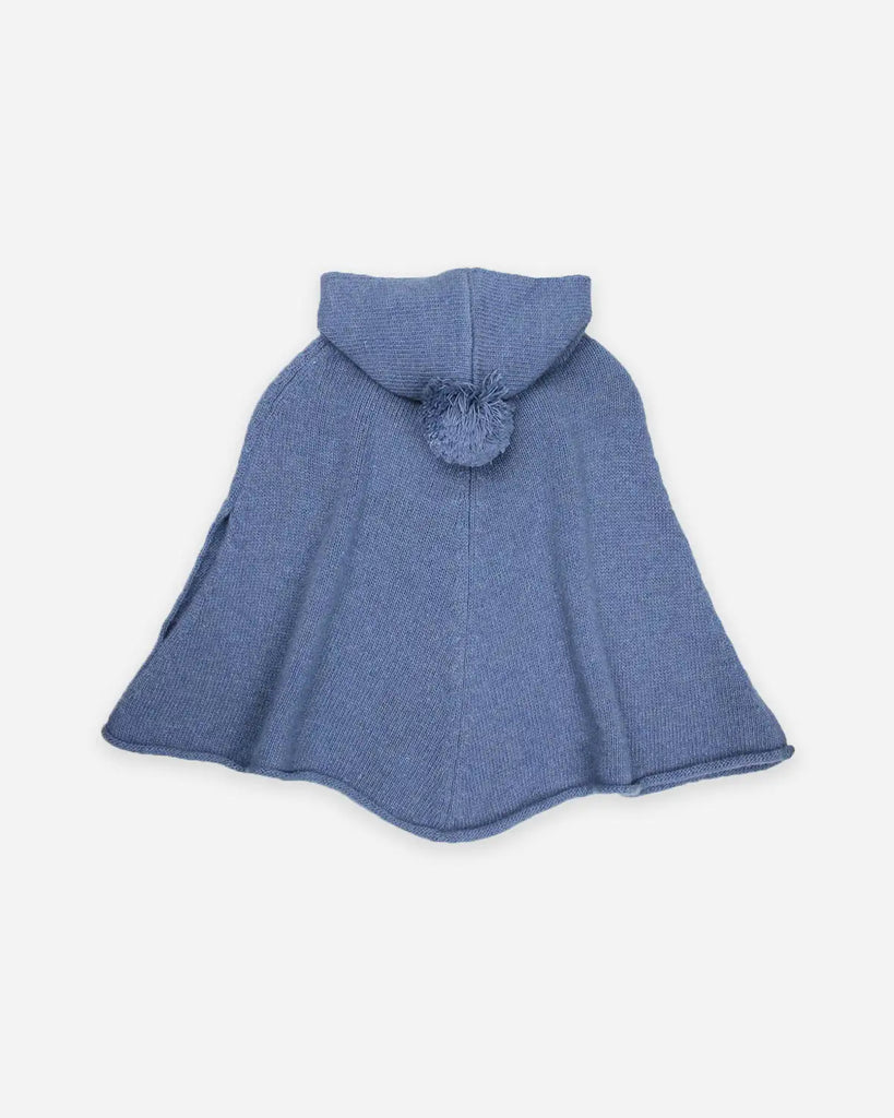 Vue de dos du poncho pour bébé fille bleu jean avec capuche de la marque Bobine Paris.