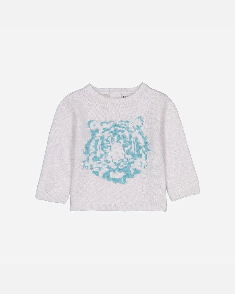 Pull bébé perle à motif tête de tigre turquoise en laine et cachemire de la marque Bobine Paris