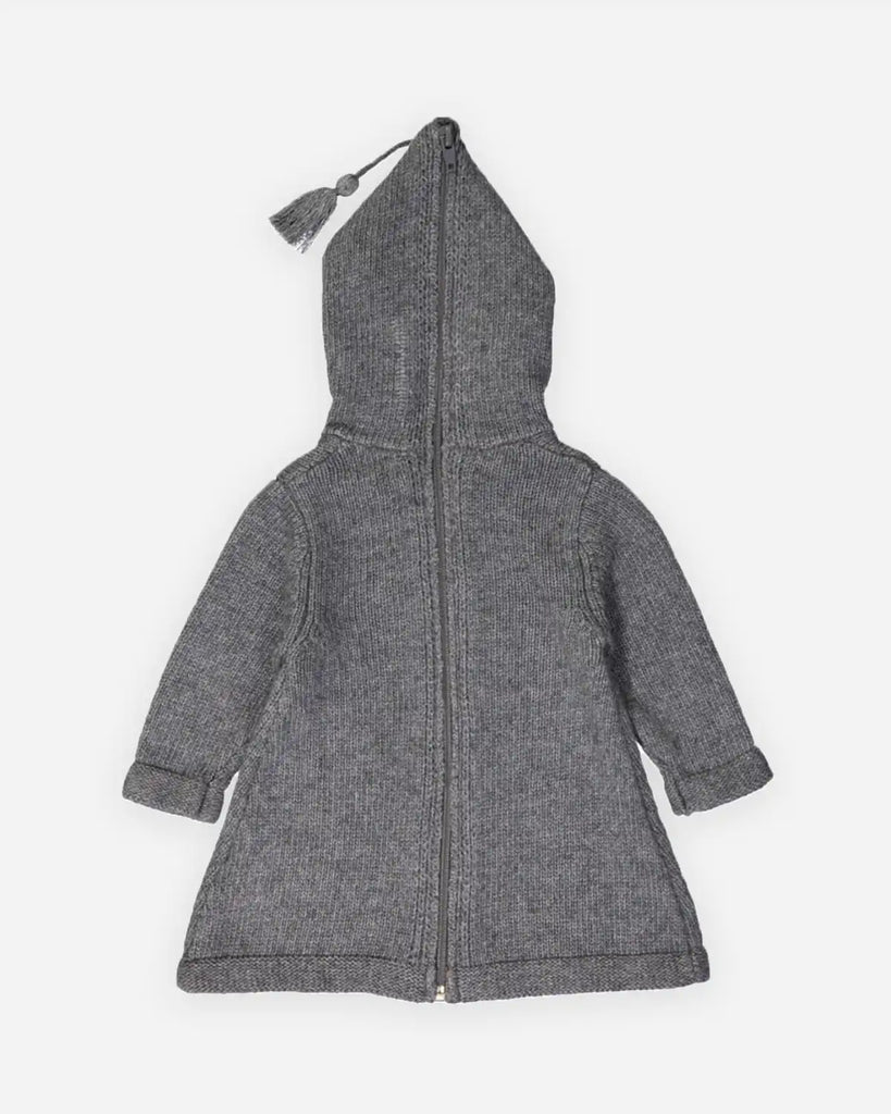 Vue de dos du burnous pour bébé en laine et cachemire gris moucheté de la marque Bobine Paris.