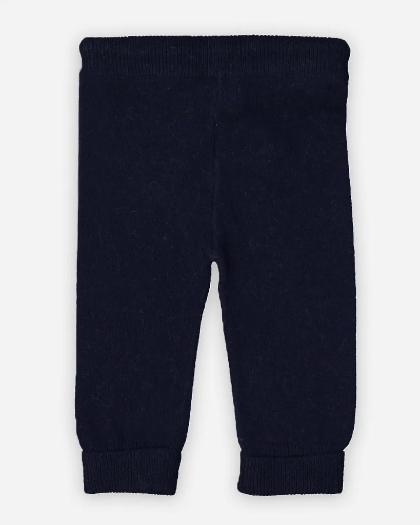 Vue de dos du pantalon bébé en laine et cachemire de couleur bleu marine de la marque Bobine Paris