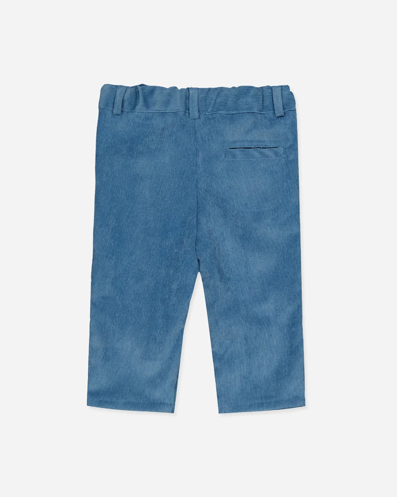 Vue de dos du pantalon pour bébé en velours côtelé vert bleu de la marque Bobine Paris.