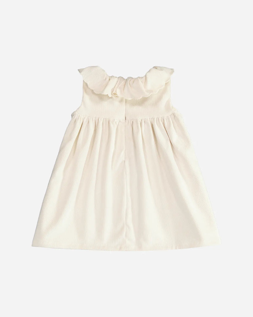 Vue de dos de la robe pour bébé fille écru en velours côtelé et à col bordé de la marque Bobine paris.