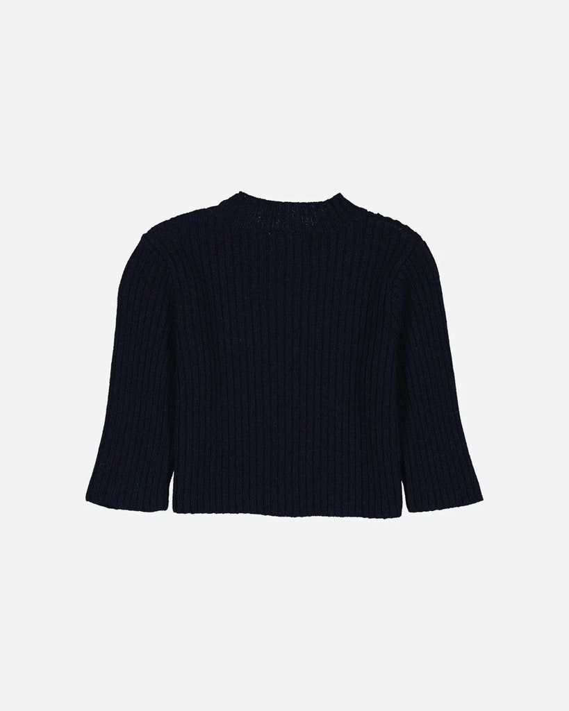 Vue de dos du pull bébé à col rond bleu marine en laine et cachemire de la marque Bobine Paris.