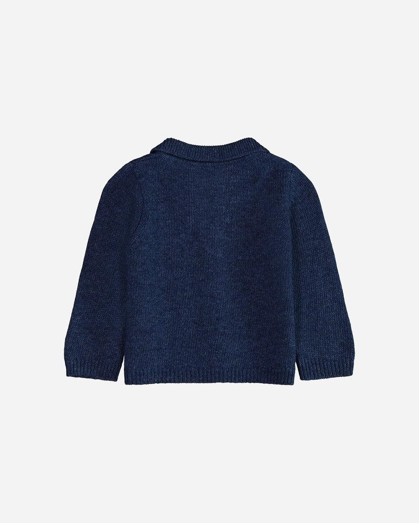 Cardigan bébé col polo bleu denim dos