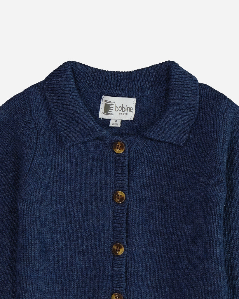 Cardigan bébé col polo bleu denim zoom face