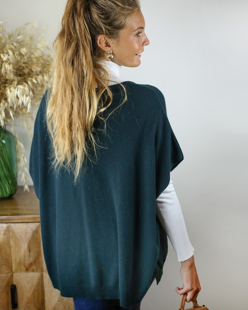 Pull poncho femme vert en laine et cachemire
