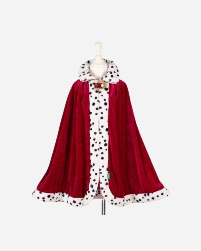 Cape de déguisement de roi rouge en velours bordé d'un motif dalmatien noir et blanc