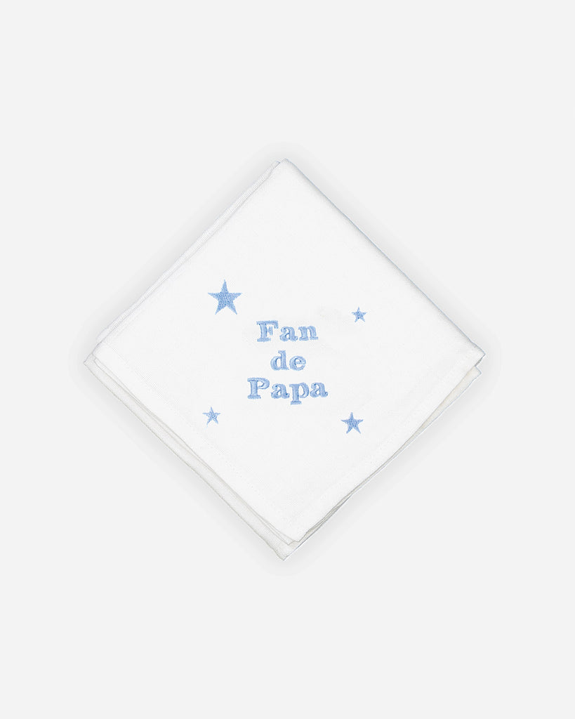 Lange en coton blanc à broderie bleue "Fan de papa" de la marque Bobine Paris.