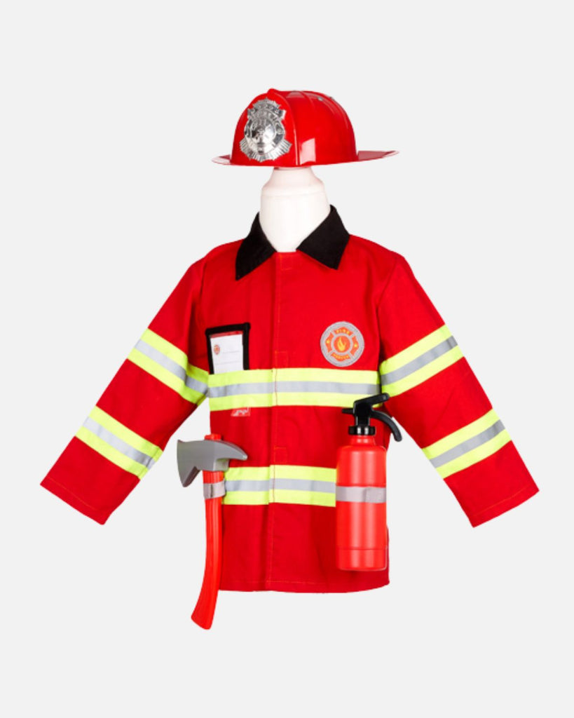 Veste de déguisement de pompier rouge à rayures jaunes fluo avec un casque de pompier , un extincteur et une hache