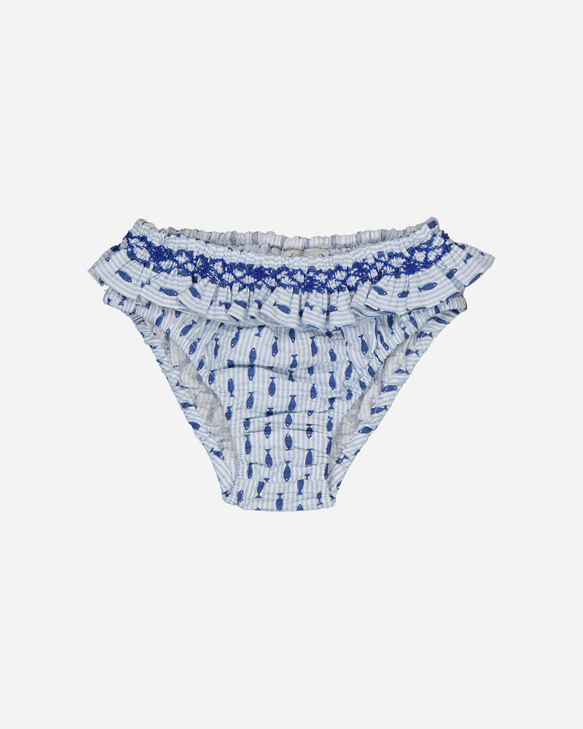 Culotte de bain à froufrous et motifs petits poissons bleus pour bébé fille de la marque Bobine Paris.